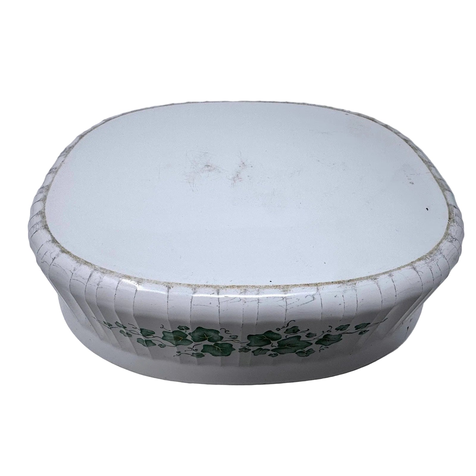 CorningWare French White English Ivy Oval Casserole Dish Ribbed Ceramic Green