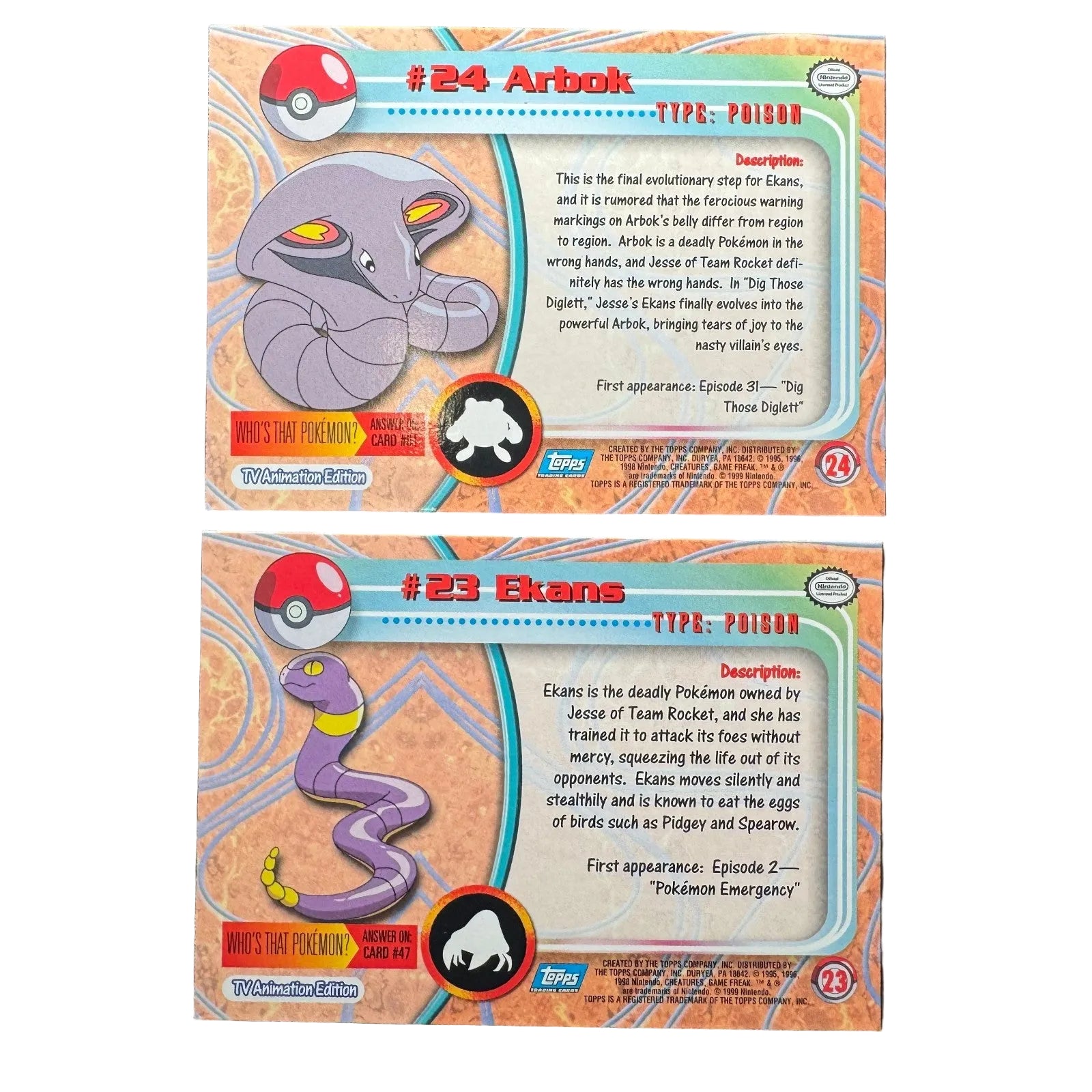 1999 Pokemon Topps Ekans Arbok 23 24 Blue Logo Animated Series Line Free Ship