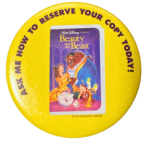 Beauty and the Beast Disney VHS Movie Promo Button Pin - Reserve Your Copy Today