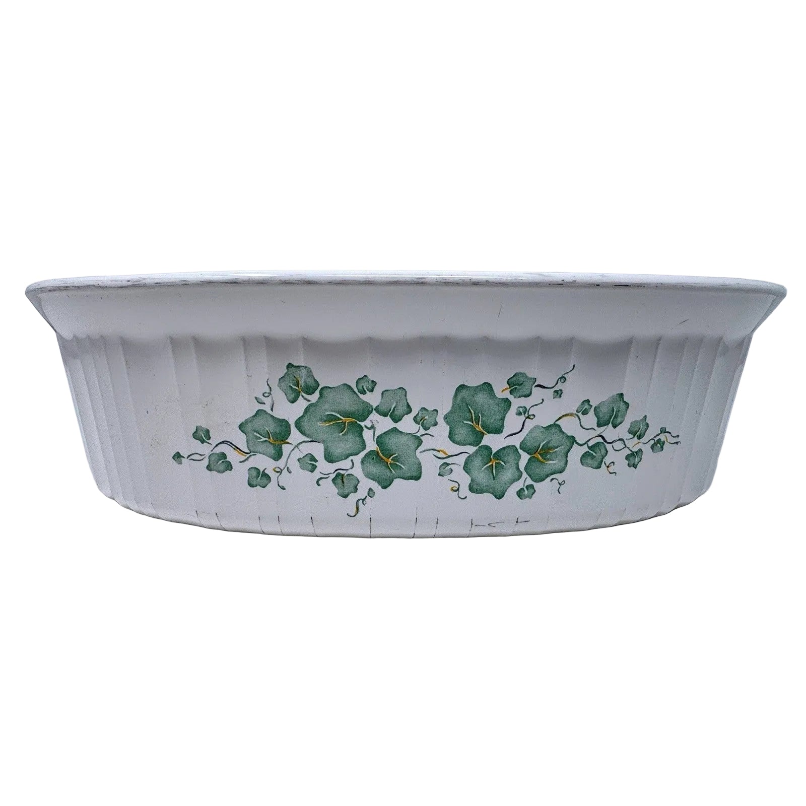 CorningWare French White English Ivy Oval Casserole Dish Ribbed Ceramic Green