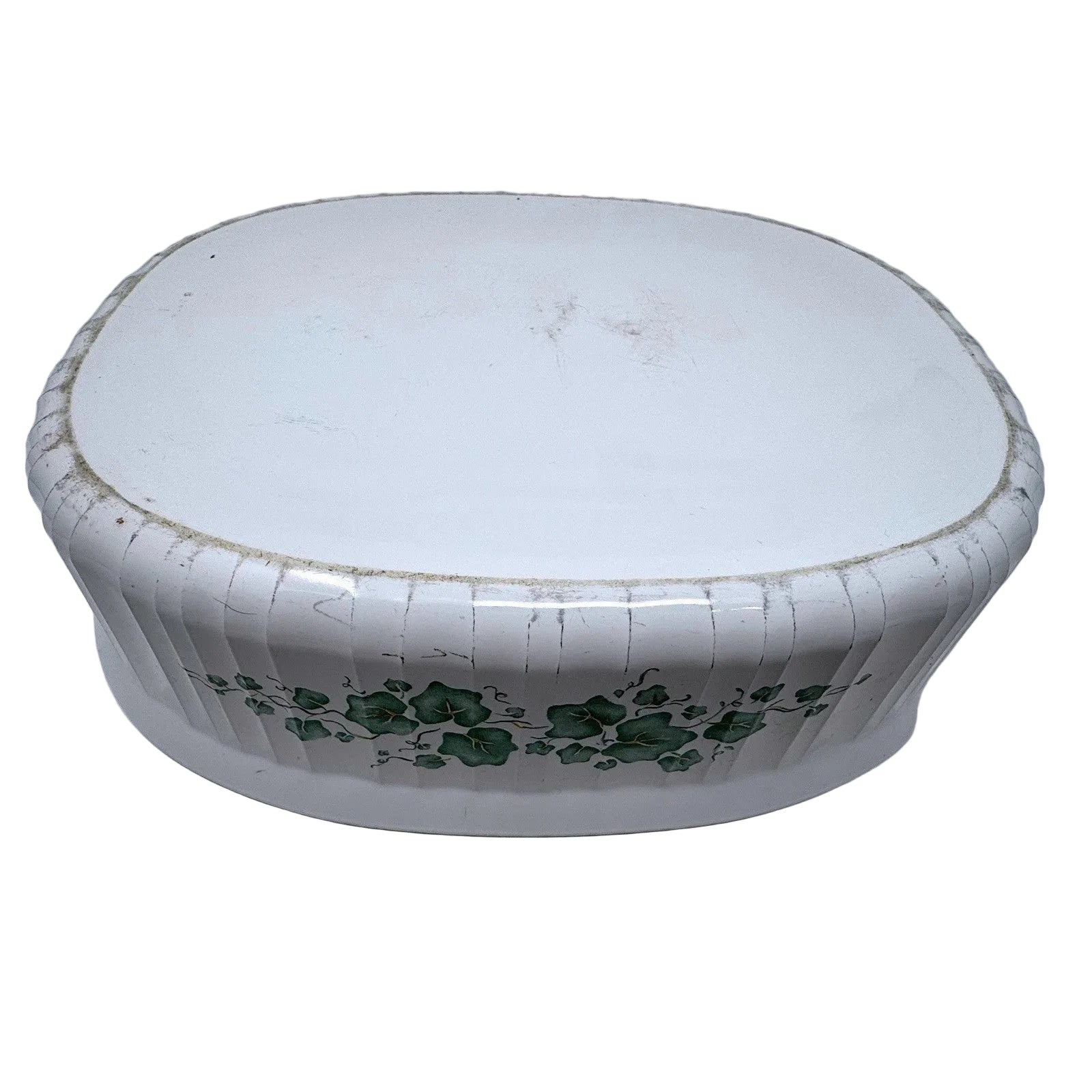 CorningWare French White English Ivy Oval Casserole Dish Ribbed Ceramic Green
