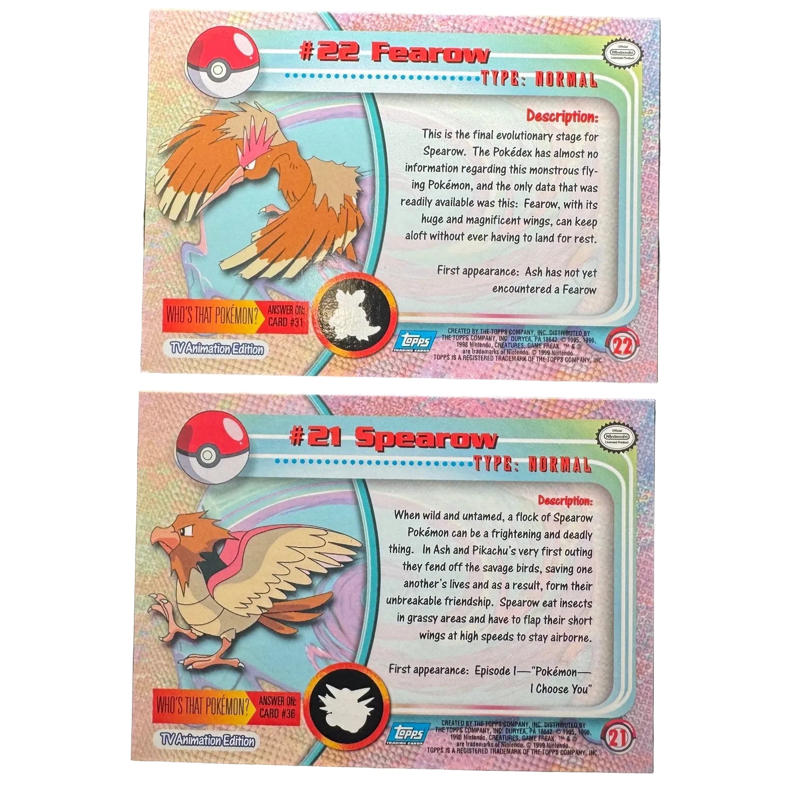1999 Pokemon Topps Spearow Fearow 21 22 Animated TV Line Blue Logo Free Shipping