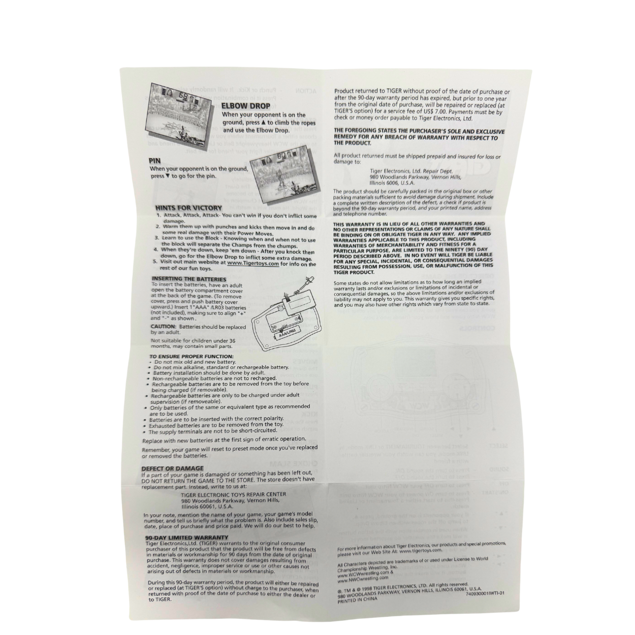 Tiger Electronics 1998 WCW NITRO GIANT Handheld Game - Booklet Only - Free Ship