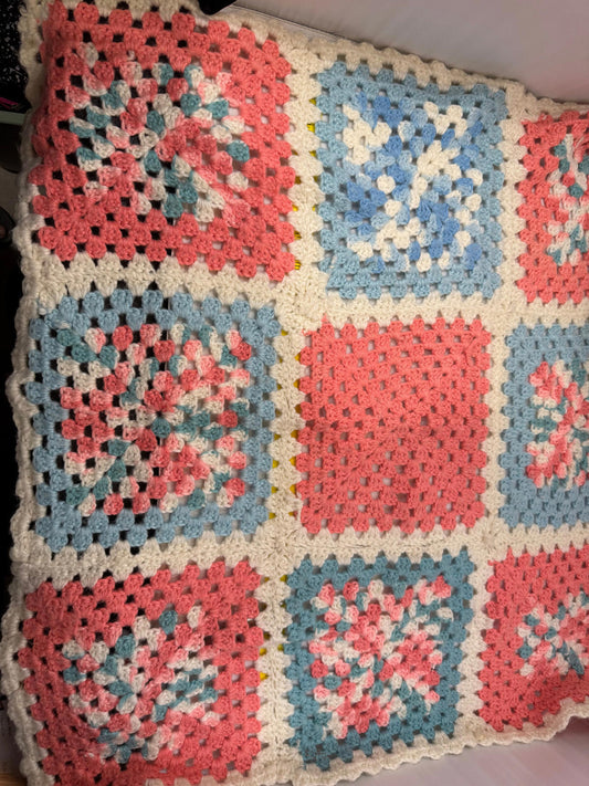 Afghan Throw Granny Square Blanket Vintage Handmade Crochet Coral and Blue