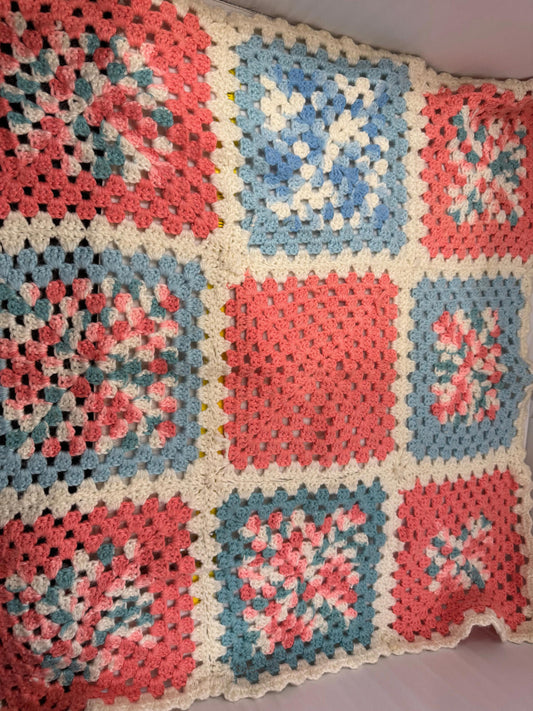 Afghan Throw Granny Square Blanket Vintage Handmade Crochet Coral and Blue