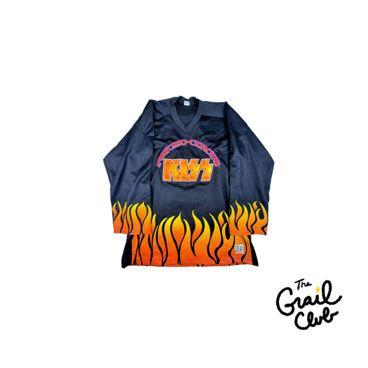 Blue sweatshirt with KISS logo and flames on a white background, featuring 'The Grail Club' logo.